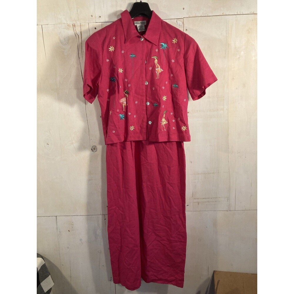 Vintage 2‎ Piece Maxi Dress Set Sz 10 Pink Linen Blend Embroidered Tropical
